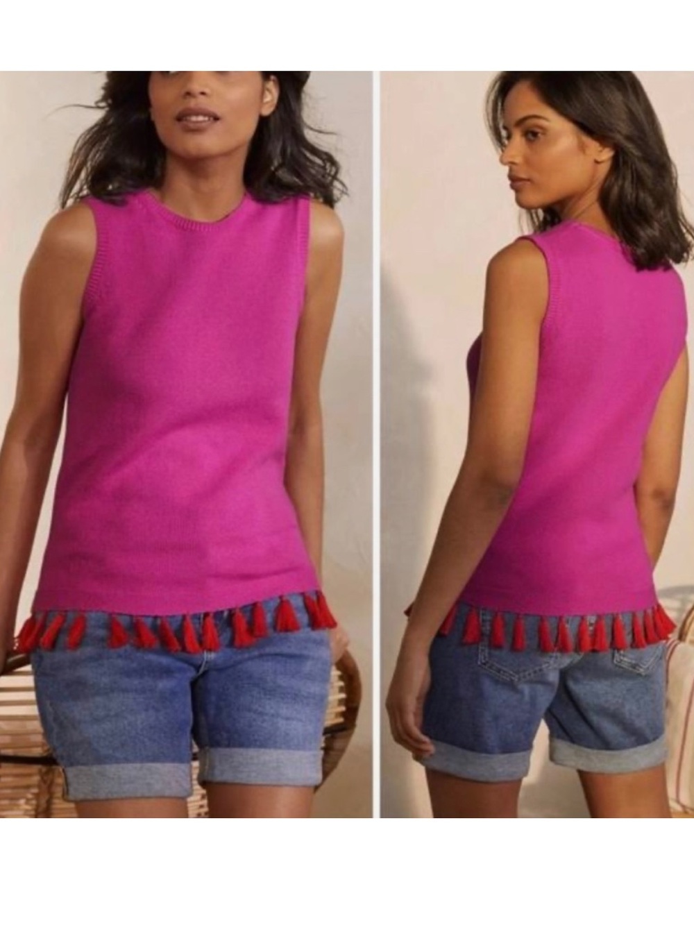 Boden Pink Fringe Knit Sweater Vest Tank Top Tassels Size 6 Boho Playful